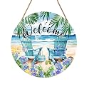 Welcome Summer Sea Chair Front Door SignFlower Wall Hanging Round Door Hanger Farmhouse Coastal Beach Wooden Wreath for Front Door Hello Summer Outdoor Outside Porch Decor 12"X12"