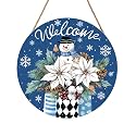 Welcome Winter Blue Poinsettia Front Door Sign Winter Snowman Wood Door Hanger Outdoor Outside Porch Decor Blue Christmas Snowflake Holiday Wreath Wall Hanging Welcome Sign for Home Front Porch 12in