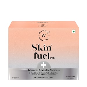wellbeing nutrition skin fuel pro  glutathione vitamin c astaxanthin probiotic bl-04 cliically proven to reduce pigmentation dark spots amp signs of aging  valencia orange flavour  28 servings