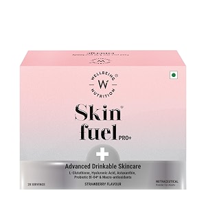 wellbeing nutrition skin fuel pro  glutathione vit c amp e hyaluronic acid astaxanthin probiotic bl-04 reduces pigmentation dark spots amp signs of aging  strawberry flavour  28 servings