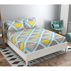 210 tc glace cotton bedsheet for double bed with two pillow covers - 90x100 inches - yellow