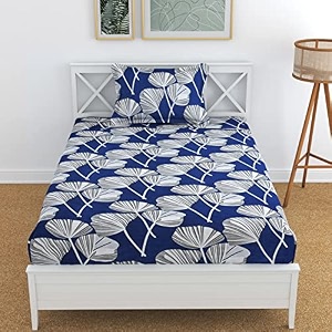 210 tc glace cotton bedsheet for single bed with one pillow cover - 60x90 inches - blue