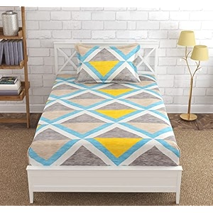 210 tc glace cotton bedsheet for single bed with one pillow cover - 60x90 inches - yellow and grey