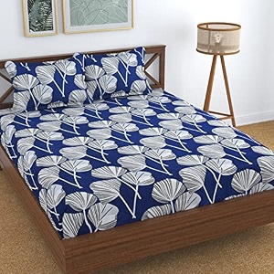 210 tc glace cotton bedsheet for double bed with two pillow covers - 90x100 inches - blue