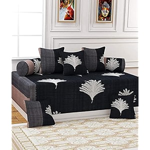 wellnest 210 tc glace cotton diwan set covers set of 8 pcs - one single bedsheet with 5 cushion covers and 2 bolster covers king size 60x90 inches - black