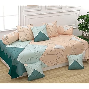 210 tc glace cotton diwan set covers set of 8 pcs - one single bedsheet with 5 cushion covers and 2 bolster covers king size 60x90 inches - multi