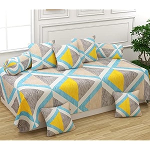 210 tc glace cotton diwan set covers set of 8 pcs - one single bedsheet with 5 cushion covers and 2 bolster covers king size 60x90 inches - grey amp yellow