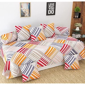 210 tc glace cotton diwan set covers set of 8 pcs - one single bedsheet with 5 cushion covers and 2 bolster covers king size 60x90 inches - multi
