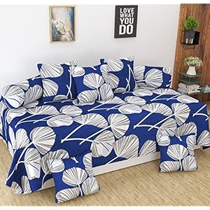 210 tc glace cotton diwan set covers set of 8 pcs - one single bedsheet with 5 cushion covers and 2 bolster covers king size 60x90 inches - blue