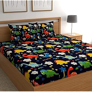 wellnest microfiber supersoft animal cartoon cotton double bedsheet set 90 x 100 inches blue dinosaur - set of 1 bedsheet with 2 pillow covers