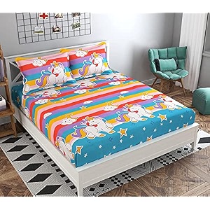 wellnest microfiber supersoft animal cotton double bedsheet set 90 x 100 inches multicolor stripes unicorn - set of 1 bedsheet with 2 pillow covers