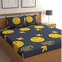WELLNEST Microfiber Supersoft Cotton Double Bedsheet Set, 90 x 100 Inches, Grey Smiley - Set of 1 Bedsheet with 2 Pillow Covers