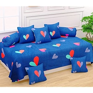 wellnest microfiber unique abstract 250tc diwan set of 8pcs - single bedsheet with 2 bolster covers and 5 cushion covers - blue heart - 60x90 inches