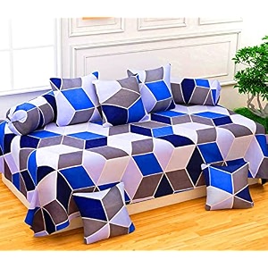 wellnest microfiber unique check 250tc diwan set of 8pcs - single bedsheet with 2 bolster covers and 5 cushion covers - blue check - 60x90 inches