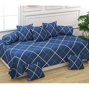wellnest microfiber unique check 250tc diwan set of 8pcs - single bedsheet with 2 bolster covers and 5 cushion covers - blue lines - 60x90 inches