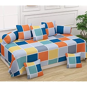 wellnest microfiber unique check 250tc diwan set of 8pcs - single bedsheet with 2 bolster covers and 5 cushion covers - multicolor squares - 60x90 inches