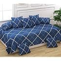 WELLNEST Microfiber Unique Check 250TC Diwan Set of 8pcs - Single Bedsheet with 2 Bolster Covers and 5 Cushion Covers - Blue Lines - 60x90 inches