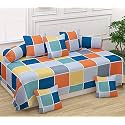 WELLNEST Microfiber Unique Check 250TC Diwan Set of 8pcs - Single Bedsheet with 2 Bolster Covers and 5 Cushion Covers - Multicolor Squares - 60x90 inches