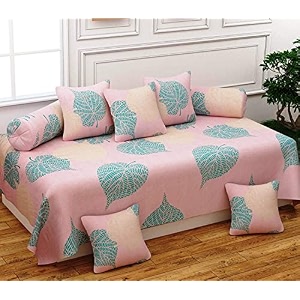 wellnest microfiber unique floral 250tc diwan set of 8pcs - single bedsheet with 2 bolster covers and 5 cushion covers - pink leafs - 60x90 inches