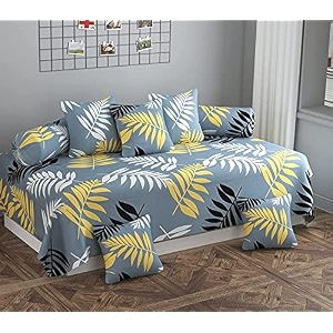 wellnest microfiber unique floral 250tc diwan set of 8pcs - single bedsheet with 2 bolster covers and 5 cushion covers - gray leafs - 60x90 inches