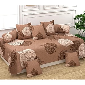 wellnest microfiber unique floral 250tc diwan set of 8pcs - single bedsheet with 2 bolster covers and 5 cushion covers - brown leafs - 60x90 inches