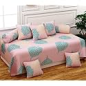 WELLNEST Microfiber Unique Floral 250TC Diwan Set of 8pcs - Single Bedsheet with 2 Bolster Covers and 5 Cushion Covers - Pink Leafs - 60x90 inches