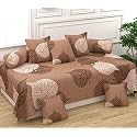 WELLNEST Microfiber Unique Floral 250TC Diwan Set of 8pcs - Single Bedsheet with 2 Bolster Covers and 5 Cushion Covers - Brown Leafs - 60x90 inches