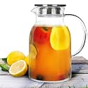 wellxo Borosilicate Glass Water jug with Wooden lid, for Juice Water iced Tea Pitcher Tea Carafe hot Glass Pitcher and Sun Tea jar, 1800ml(1.8 Liter Tea jug)