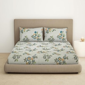 welspun double bedsheet with 2 pillow covers 220 x240 cms  43 x68 cms  dazzle softtouch and wrinklefree sateen microfiber bed sheets with ornate print light yellow