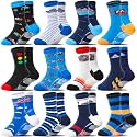 Welwoos Baby Boys Grips Socks 12 Pairs Kids Toddlers Infants Anti Slip Non Skid Funny Cartoon Crew Breathable Cotton Socks