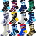 Welwoos Baby Boys Grips Socks 12 Pairs Kids Toddlers Infants Anti Slip Non Skid Funny Cartoon Crew Breathable Cotton Socks