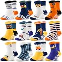 Welwoos Baby Boys Grips Socks 12 Pairs Kids Toddlers Infants Anti Slip Non Skid Funny Cartoon Crew Breathable Cotton Socks