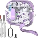 WENEW for AirPods Pro 3 Case (2025) Cover Secure Lock Automatic Snap Switch Clip Cleaner Kit Lanyard Women Stylish Flower Hard Shell Full Body Front LED Visible (Purple Flower, AirPods Pro 3)