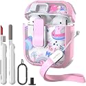 WENEW Case for AirPods 1 &amp; 2 Case Cover Secure Lock Automatic Snap Switch Clip Cleaner Kit Lanyard Women Stylish Flower Armour Hard Shell Full Body (Pink, AirPods 1st &amp; 2nd)