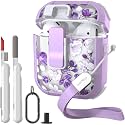 WENEW Case for AirPods 1 &amp; 2 Case Cover Secure Lock Automatic Snap Switch Clip Cleaner Kit Lanyard Women Stylish Flower Hard Shell Full Body (Purple, AirPods 1st &amp; 2nd)