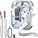 WENEW Case for AirPods 1 &amp; 2 Case Cover Secure Lock Automatic Snap Switch Clip Cleaner Kit Lanyard Women Stylish Flower Armour Hard Shell Full Body (Blue, AirPods 1st &amp; 2nd)