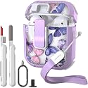 WENEW Case for AirPods 1 &amp; 2 Case Cover Secure Lock Automatic Snap Switch Clip Cleaner Kit Lanyard Women Stylish Flower Armor Hard Shell (Butterfly, AirPods 1st &amp; 2nd)