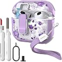 WENEW Case for AirPods 3 Case Cover Secure Lock Automatic Snap Switch Clip Cleaner Kit Lanyard Women Stylish Flower Armour Hard Shell Full Body Front LED Visible (Purple Flower, AirPods 3rd)
