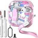WENEW Case for AirPods 4th Case Cover Secure Lock Automatic Snap Switch Clip Cleaner Kit Lanyard Women Stylish Flower Armour Hard Shell Full Body Front LED Visible (Pink Universe, AirPods 4th)