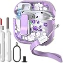 WENEW Case for AirPods 4th Case Cover Secure Lock Automatic Snap Switch Clip Cleaner Kit Lanyard Women Stylish Flower Armour Hard Shell Full Body Front LED Visible (Purple Flower, AirPods 4th)
