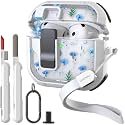 WENEW Case for AirPods 4th Case Cover Secure Lock Automatic Snap Switch Clip Cleaner Kit Lanyard Women Stylish Flower Armour Hard Shell Full Body Front LED Visible (Blue Flower, AirPods 4th)