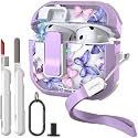 WENEW Case for AirPods 4th Case Cover Secure Lock Automatic Snap Switch Clip Cleaner Kit Lanyard Women Stylish Flower Armour Hard Shell Full Body Front LED Visible (Purple Butterfly, AirPods 4th)