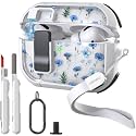 WENEW Case for AirPods Pro &amp; Pro 2 Case Cover Secure Lock Automatic Snap Switch Clip Cleaner Kit Lanyard Women Stylish Flower Full Body Hard Shell Front LED Visible (Blue Flower, AirPods Pro &amp; Pro 2)