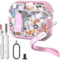 WENEW Case for AirPods Pro &amp; Pro 2 Case Cover Secure Lock Automatic Snap Switch Clip Cleaner Kit Lanyard Women Stylish Flower Full Body Hard Shell Front LED Visible (Pink Flower, AirPods Pro &amp; Pro 2)
