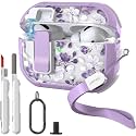 Wenew Case for AirPods Pro &amp; Pro 2 Case Cover Secure Lock Automatic Snap Switch Clip Cleaner Kit Lanyard Women Stylish Armor Full Body Hard Shell Front LED Visible (Purple flower, AirPods Pro &amp; Pro 2)