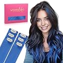 WENNALIFE Blue Clip in Hair Extensions Real Human Hair 35g 6pcs 18 Inch Colored Hair Extensions for Kids Women Colorful Hair Pieces Pop-up Style Straight Extensiones De Cabello Humano Con Clip