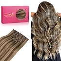 WENNALIFE Clip in Hair Extensions Real Human Hair, 14 Inch 120g 7pcs Human Hair Extensions Clip In Human Hair, Balayage Chocolate Brown to Caramel Blonde Hair Extensions Clip In Real Hair Coloured