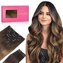 WENNALIFE Clip in Hair Extensions Real Human Hair, 16 Inch 150g 9pcs Remy Hair, Ombre Dark Brown to Light Chestnut Brown Straight Natural Extensiones De Cabello Humano Con Clip Ins