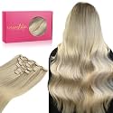 WENNALIFE Clip in Hair Extensions Real Human Hair, Seamless and Natural Blending, Soft &amp; Tangle-Free, No Shedding, 22 Inch 120g 7pcs Ombre Ash Blonde to Golden Blonde Balayage Platinum Blonde