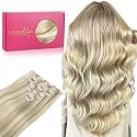 WENNALIFE Clip In Human Hair Extensions, 14 Inch 120g 7pcs Ash Blonde Highlighted Platinum Blonde, Double Weft Remy Hair Extensions with Stainless Steel Clips